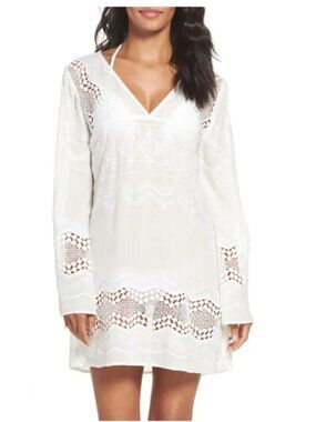 La Blanca Swimsuit Cover-Up or Dress Medium White Sheer Lace Long-Sleeve EUC!